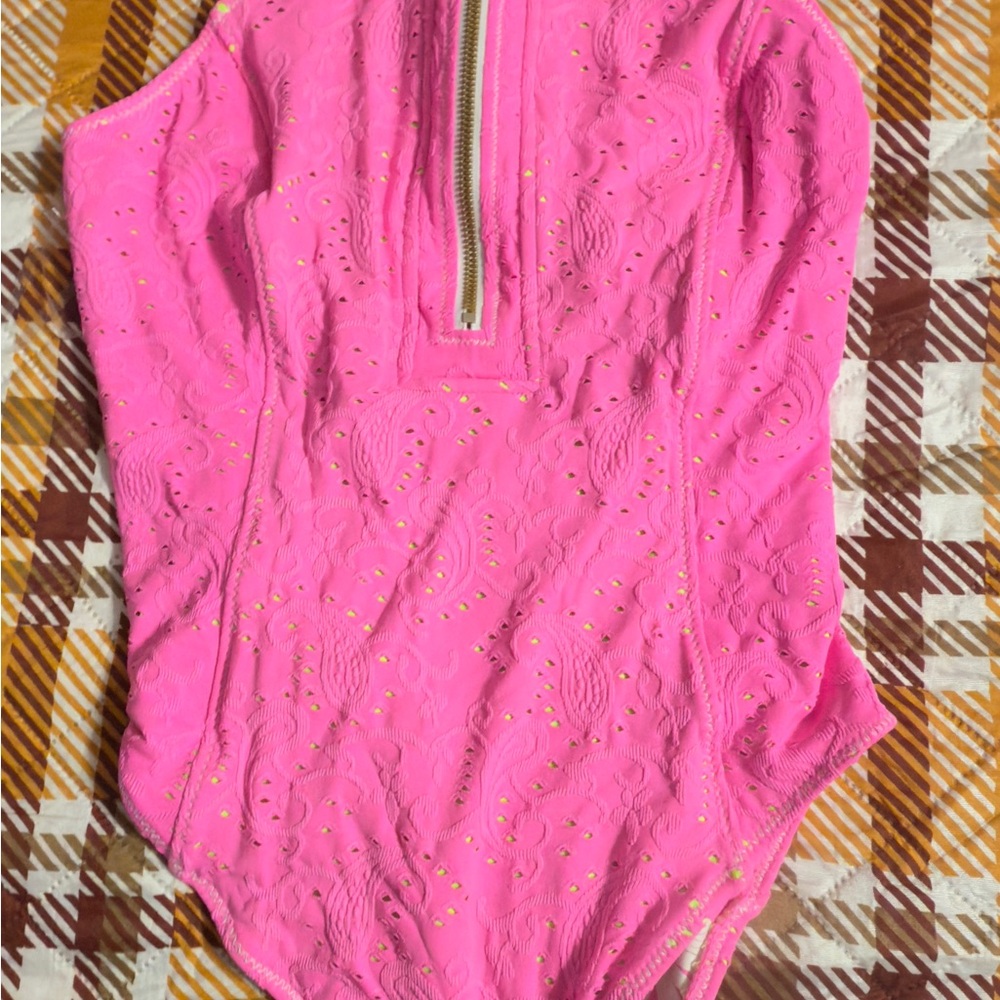 LoveShackFancy Neon Pink Lace One Piece Swimsuit Hurley